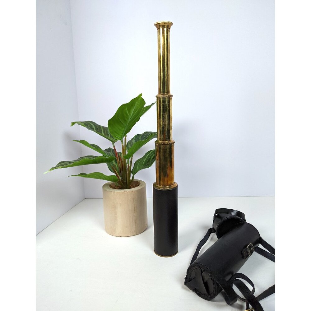 Vintage Solid Brass Folding Telescope Spyglass With Black Leather Case 15 inches